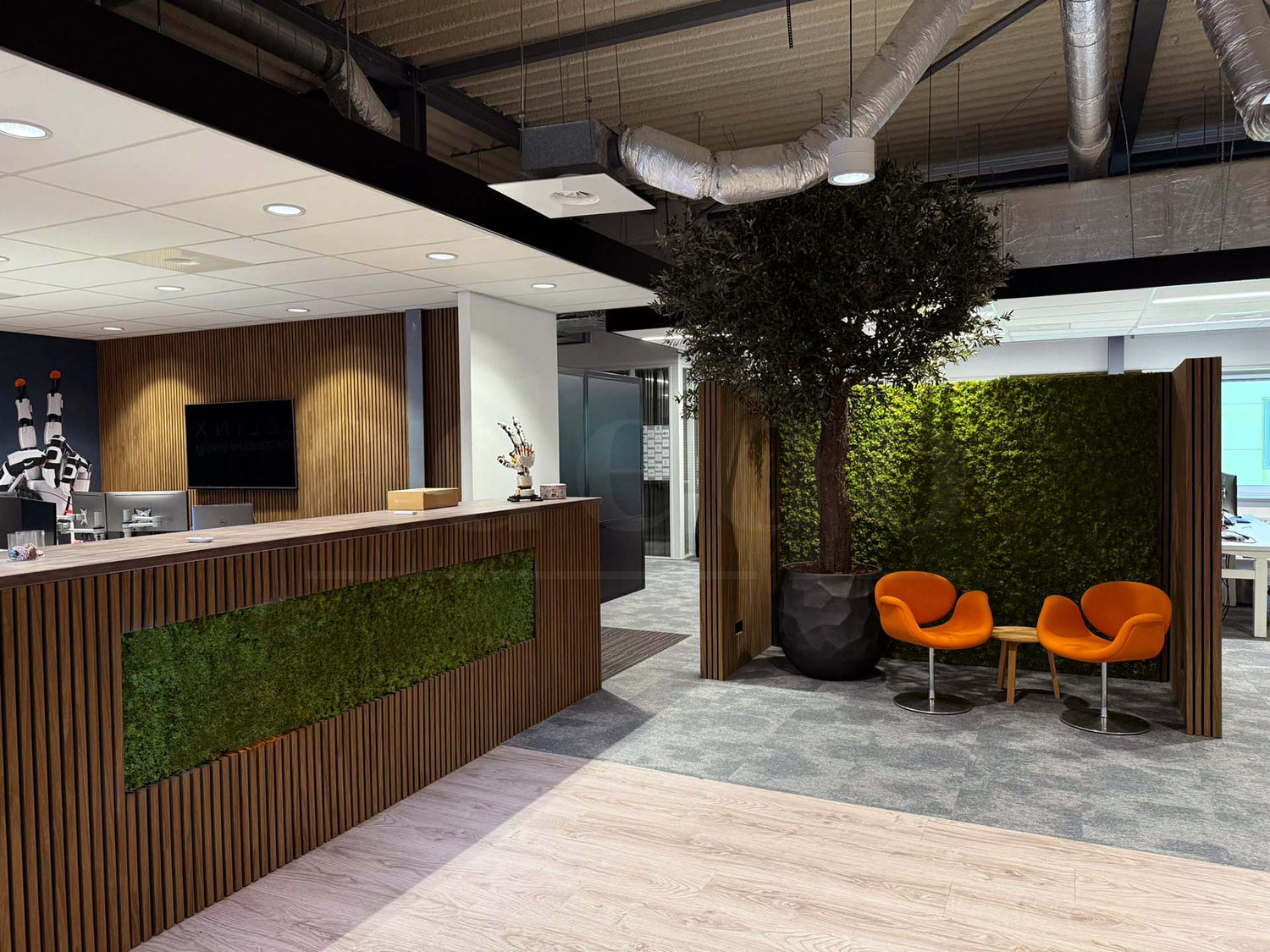 Modern open kantoor met houten akoestische wandpanelen, moswand en groene planten als oplossing tegen geluidsoverlast en voor betere akoestiek