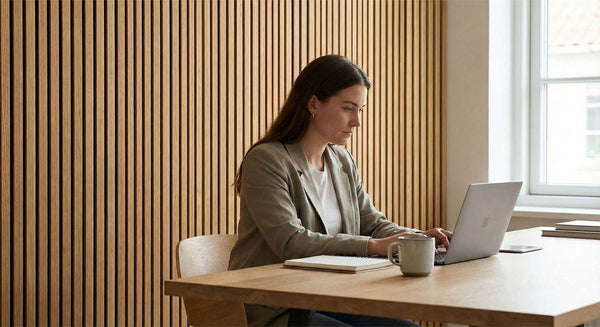 Vrouw werkt geconcentreerd aan een laptop in een rustige werkruimte met houten akoestische wandpanelen die bijdragen aan beter welzijn en hogere productiviteit