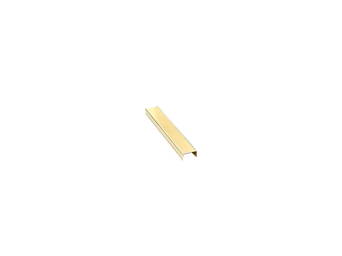 Adeqo sierstrip Goud van 20 cm schuin van opzij, met het U-profiel van 27 mm in 304 roestvast staal in beeld