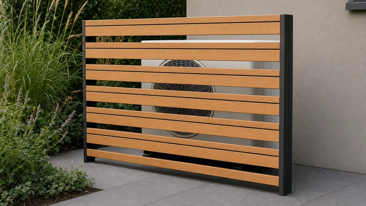Airco-ombouw van teakkleurige composiet latten in een tuin, met open naden waar lucht doorheen kan