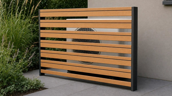 Airco-ombouw van teakkleurige composiet latten in een tuin, met open naden waar lucht doorheen kan
