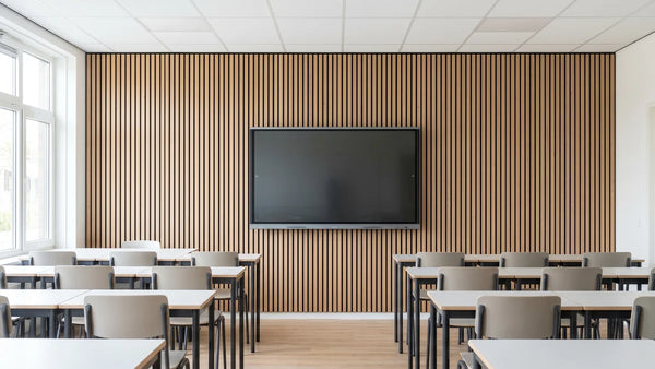 Modern licht klaslokaal met natuurlijk eiken akoestische wandpanelen en digitaal scherm, goede akoestiek voor onderwijs