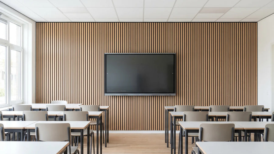 Modern licht klaslokaal met natuurlijk eiken akoestische wandpanelen en digitaal scherm, goede akoestiek voor onderwijs