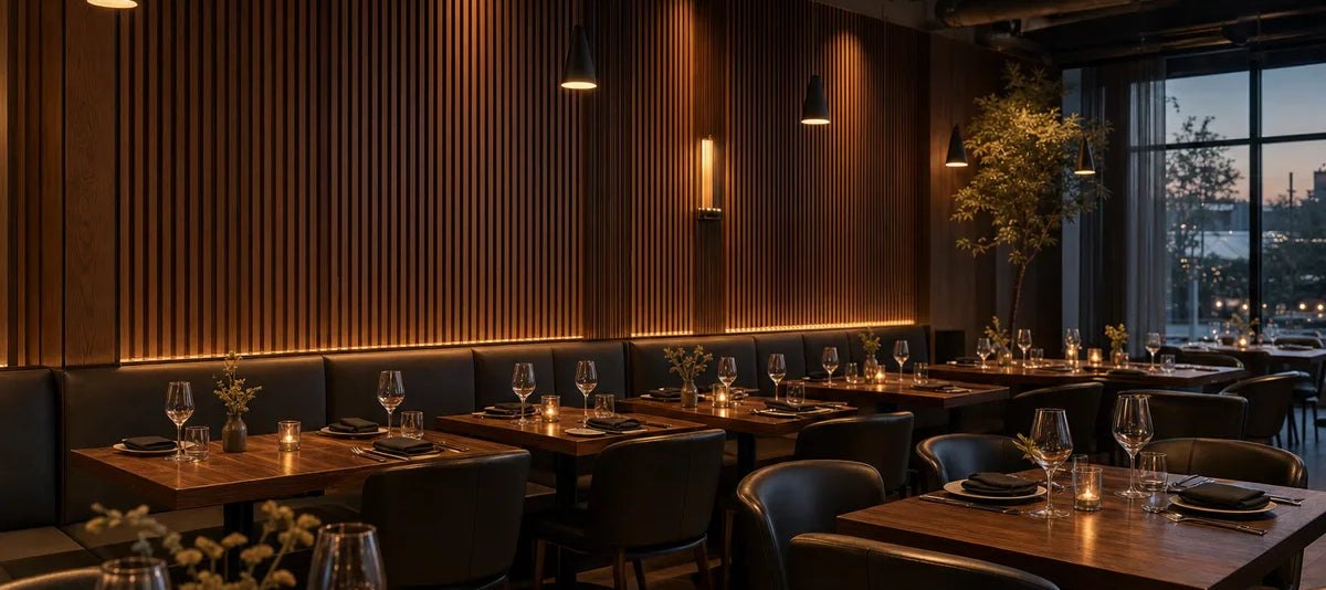 Restaurant interieur met donkere walnoot akoestische wandpanelen, warme sfeerverlichting en elegante tafelsetting