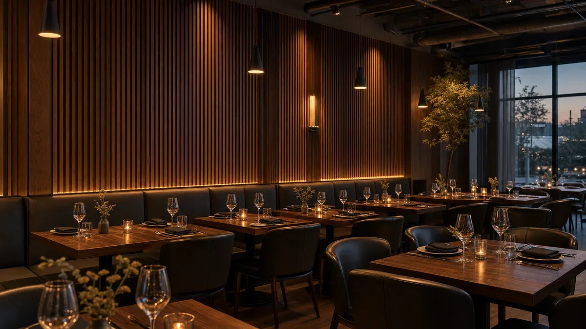 Restaurant interieur met donkere walnoot akoestische wandpanelen, warme sfeerverlichting en elegante tafelsetting