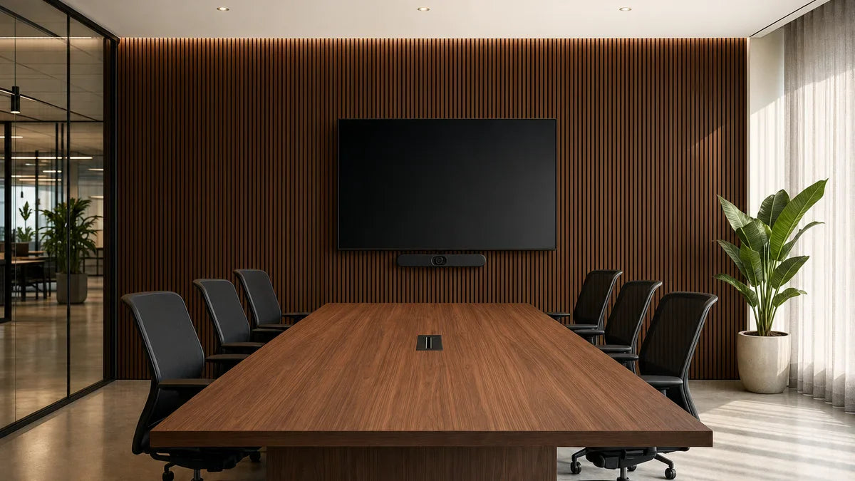 Premium hybride vergaderruimte met klassiek walnoot akoestische wandpanelen, vergadertafel en wandgemonteerd videoconferentie-scherm