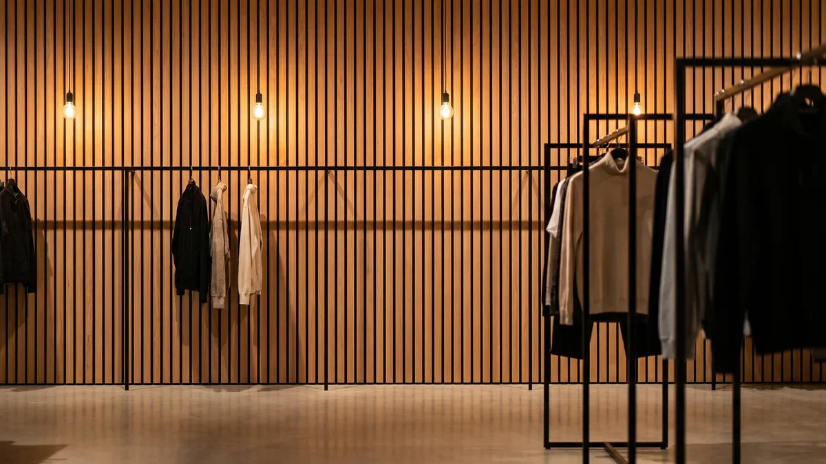 Premium kledingwinkel met vloer-tot-plafond Rustiek Eiken akoestische wandpanelen, warme spotbelichting op het houtfineer