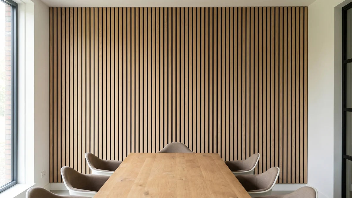 Natuurlijk eiken akoestische wandpanelen in een moderne boardroom, voorbeeld van specificeren door architecten