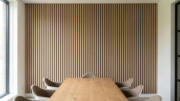 Natuurlijk eiken akoestische wandpanelen in een moderne boardroom, voorbeeld van specificeren door architecten