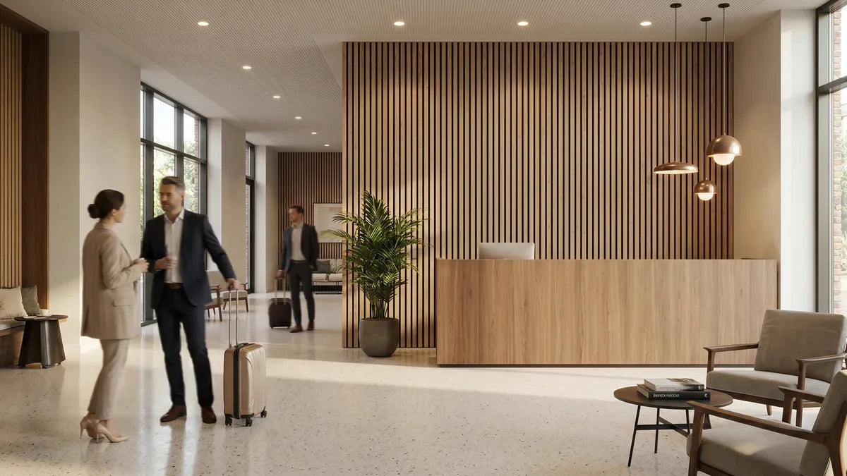 Boutique hotel lobby met akoestische wandpanelen in Rustiek Eiken achter de receptie, gasten in rustige sfeer