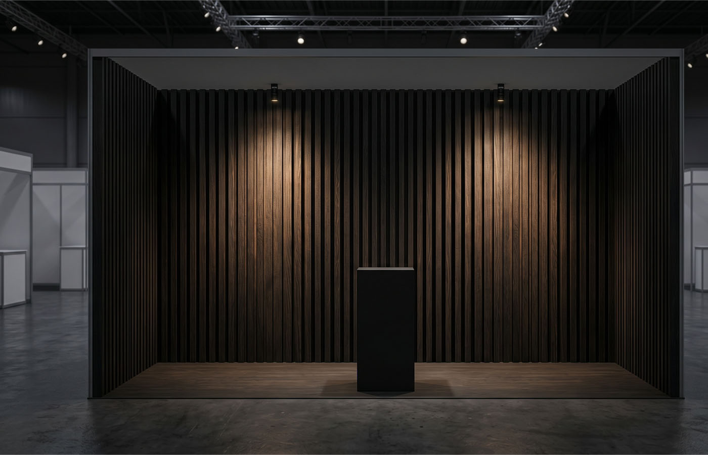 Beursstand met houten wandpanelen in zwart eiken, brandklasse B-s1,d0 gecertificeerd voor evenementlocaties