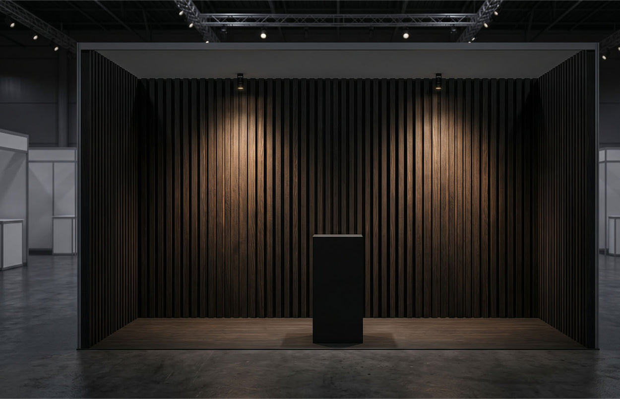 Beursstand met houten wandpanelen in zwart eiken, brandklasse B-s1,d0 gecertificeerd voor evenementlocaties