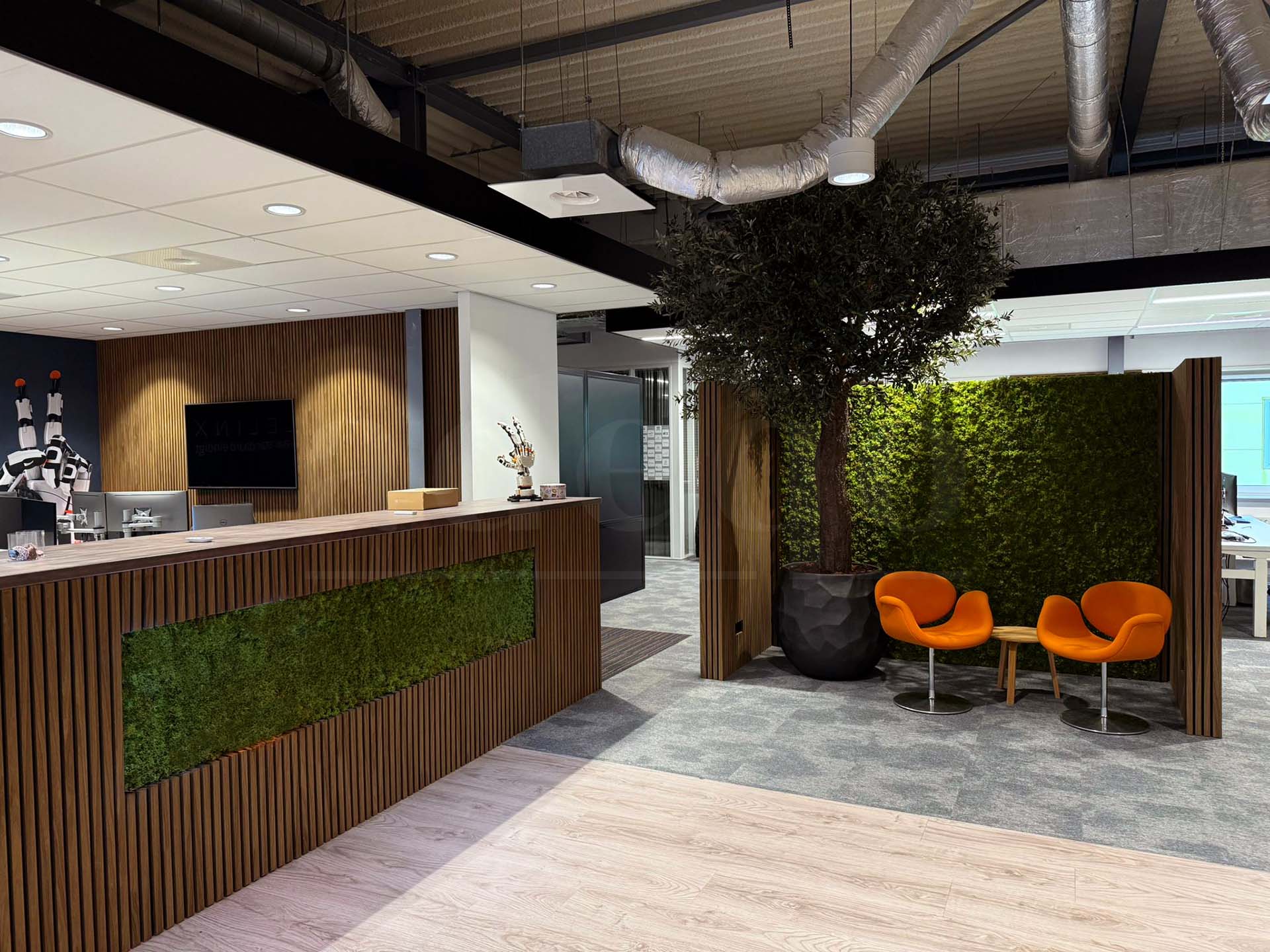 Modern open kantoor met houten akoestische wandpanelen, moswand en groene planten als oplossing tegen geluidsoverlast en voor betere akoestiek