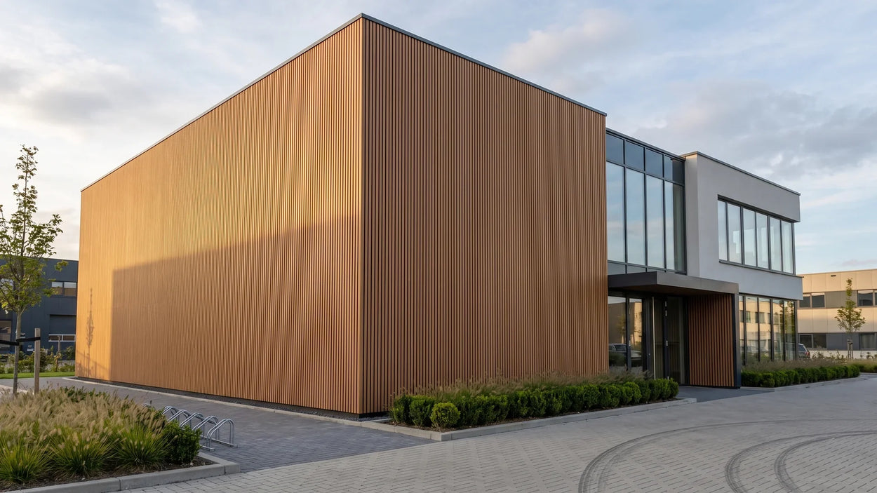 Bedrijfspand met composiet gevelbekleding in teak, waar de brandklasse van de gevel zwaarder weegt