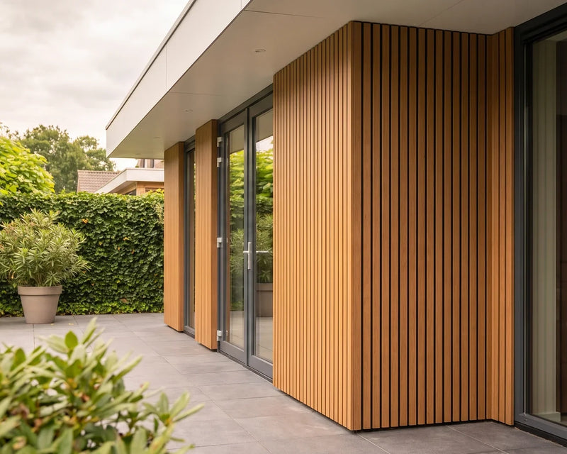 Composiet gevelbekleding in teak met rhombusprofiel op een moderne woning met terras en beukenhaag