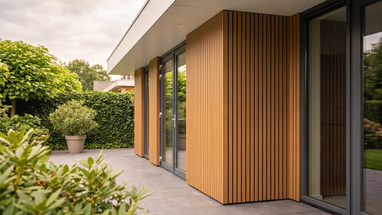 Composiet gevelbekleding in teak met rhombusprofiel op een moderne woning met terras en beukenhaag