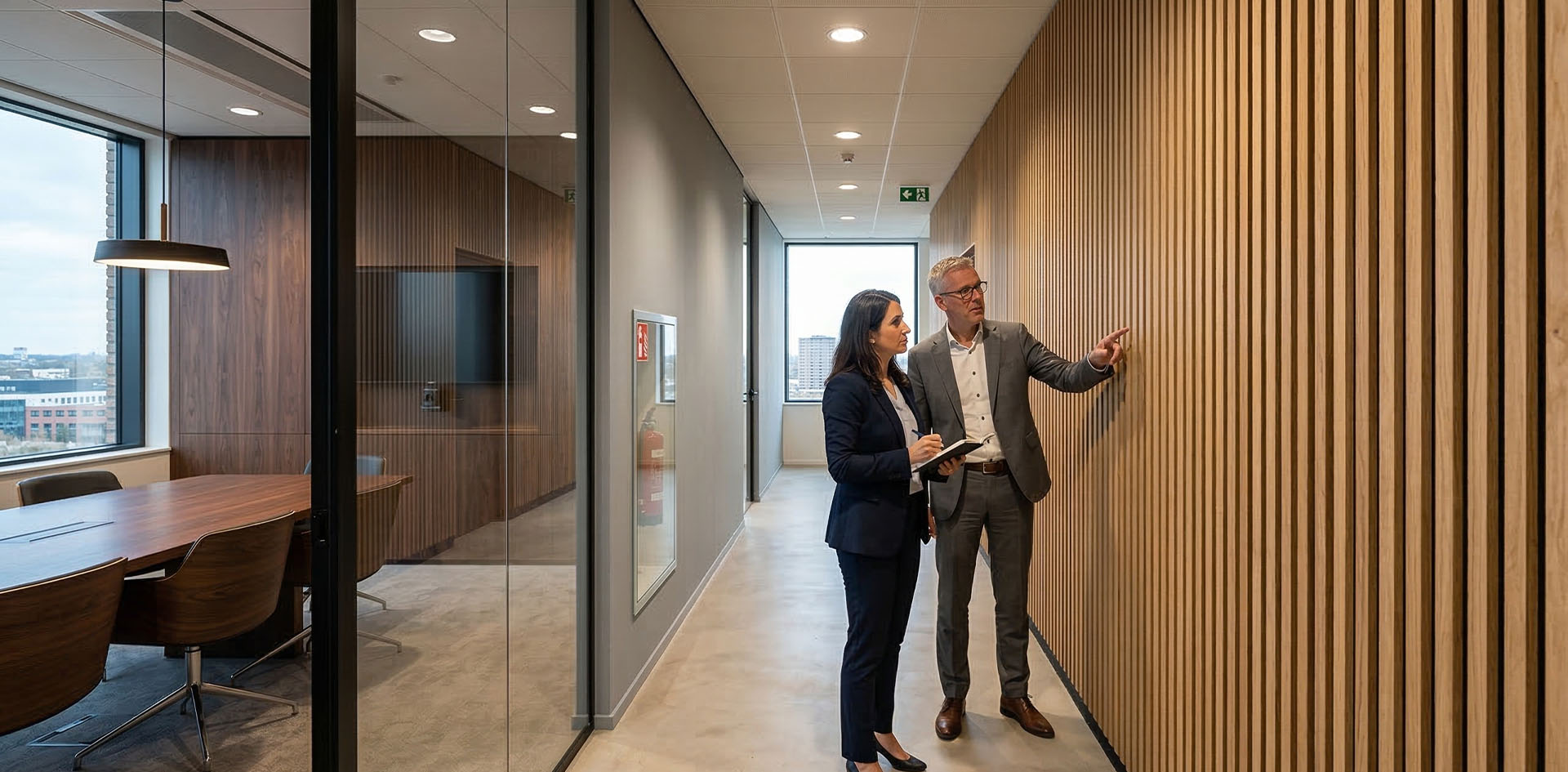 Een moderne kantoorgang met houten akoestische lattenpanelen aan de wand. Twee mannen in pak kijken naar de panelen, met een vergaderruimte links