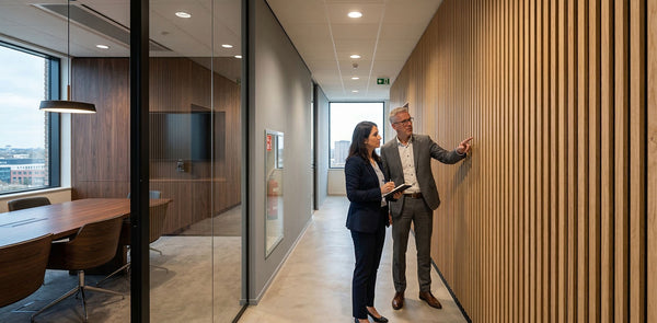 Een moderne kantoorgang met houten akoestische lattenpanelen aan de wand. Twee mannen in pak kijken naar de panelen, met een vergaderruimte links
