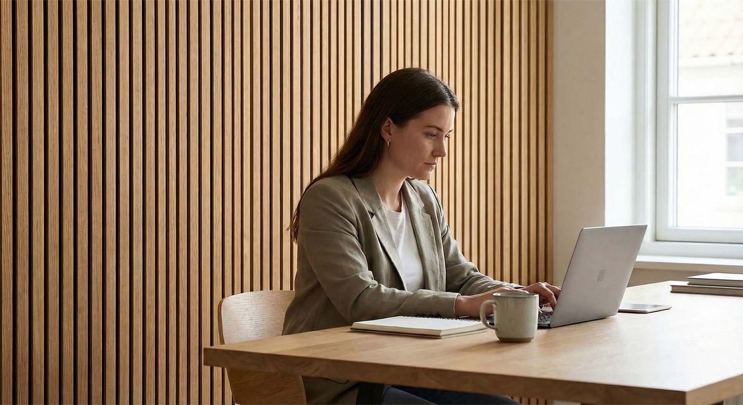 Vrouw werkt geconcentreerd aan een laptop in een rustige werkruimte met houten akoestische wandpanelen die bijdragen aan beter welzijn en hogere productiviteit