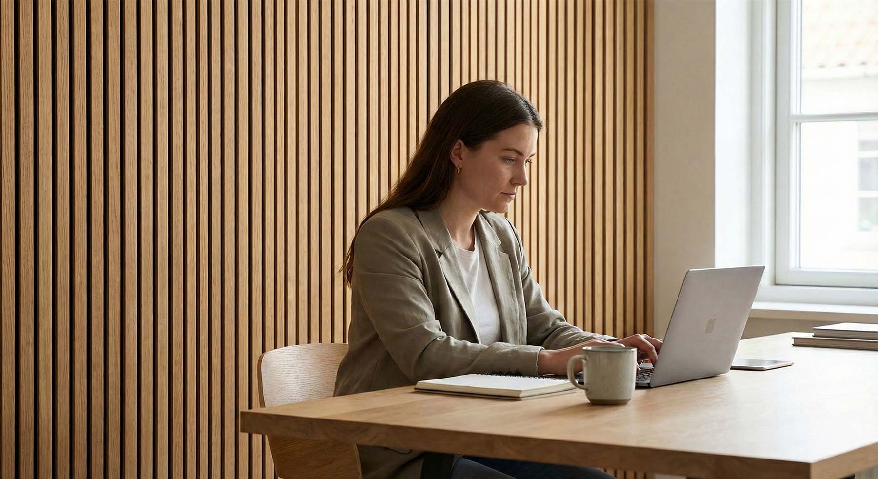 Vrouw werkt geconcentreerd aan een laptop in een rustige werkruimte met houten akoestische wandpanelen die bijdragen aan beter welzijn en hogere productiviteit