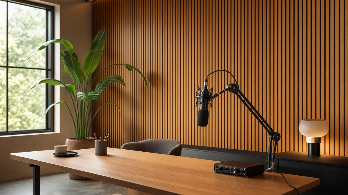 Podcast studio met akoestische wandpanelen in eiken