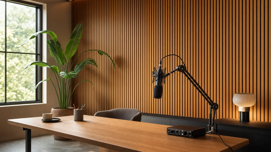 Podcast studio acoustic treatment: sound and a camera-ready backdrop