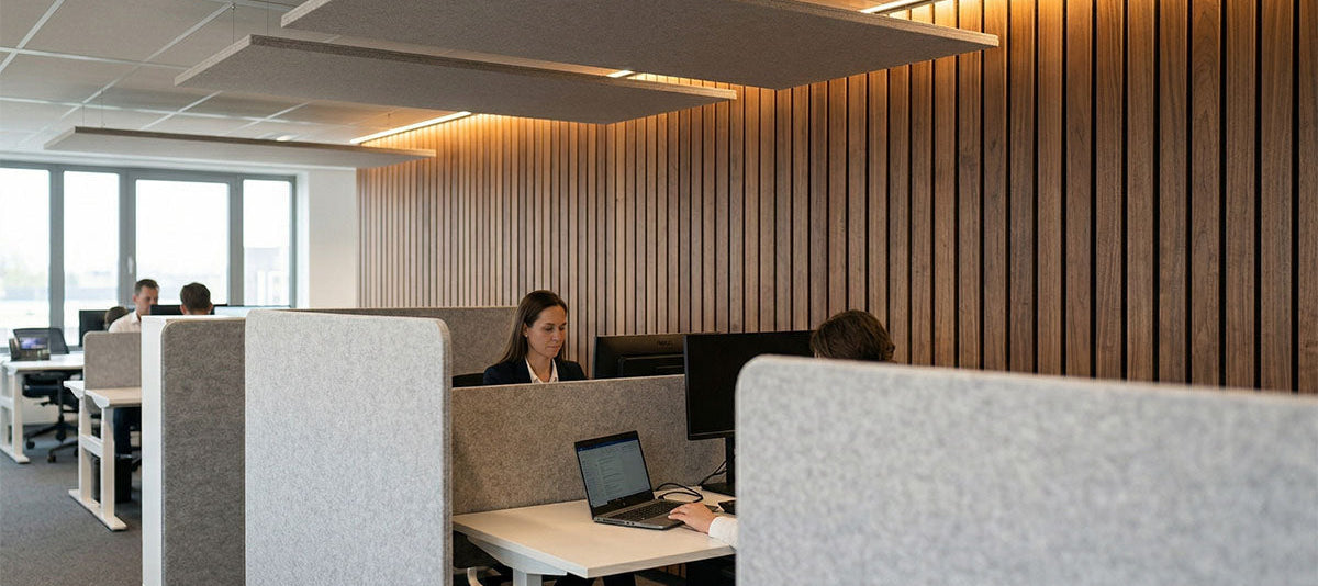 Akoestische wandpanelen in walnoot als accentwand in een moderne kantoorruimte