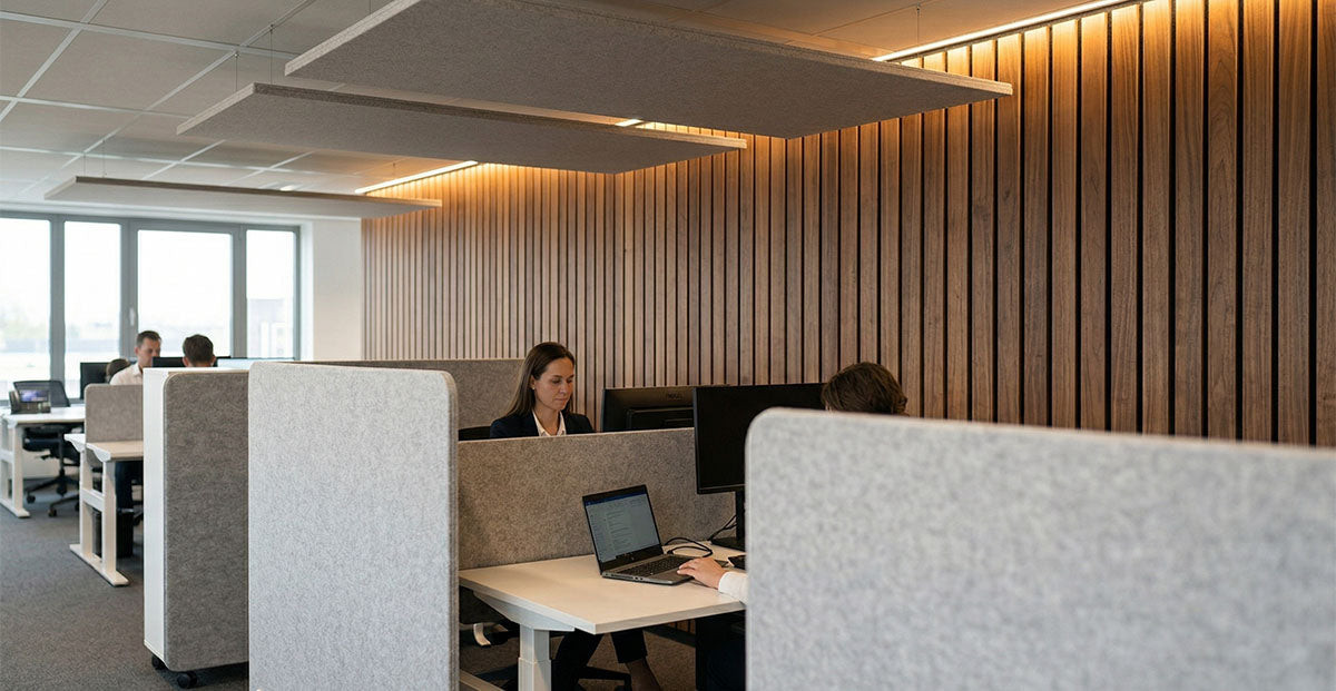 Akoestische wandpanelen in walnoot als accentwand in een moderne kantoorruimte