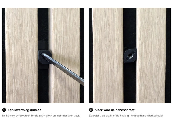 Bevestiging van de wandplank op een akoestisch wandpaneel in twee stappen: de draaischroef een kwartslag draaien tot de hoeken onder de latten schuiven, daarna vastzetten met de handschroef