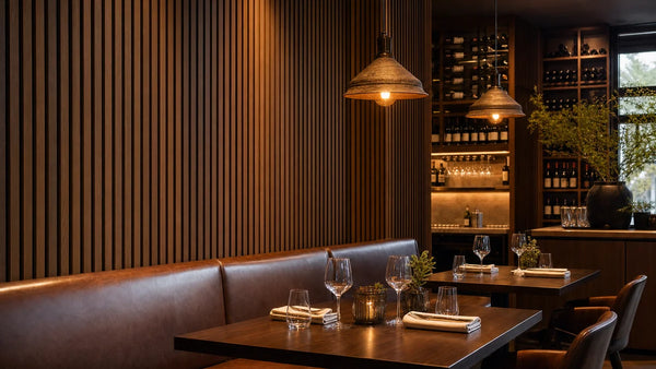 Sfeervol restauranthoekje met gerookt eiken akoestische wandpanelen, warme hanglampen en leren bankzitting