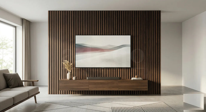 Walnoot akoestische wandpanelen rond een TV-meubel in een modern interieur met grote ramen en zacht daglicht