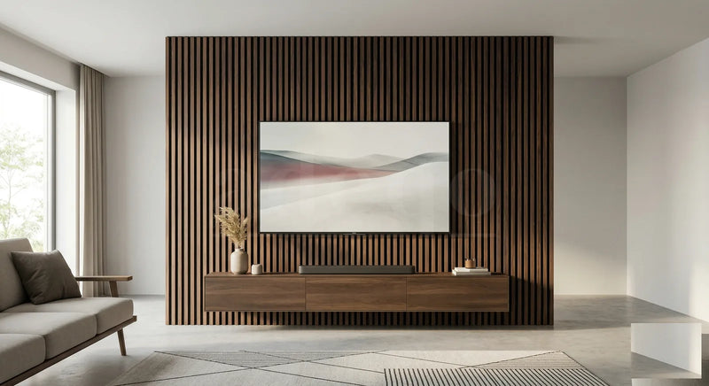 Walnoot akoestische wandpanelen rond een TV-meubel in een modern interieur met grote ramen en zacht daglicht