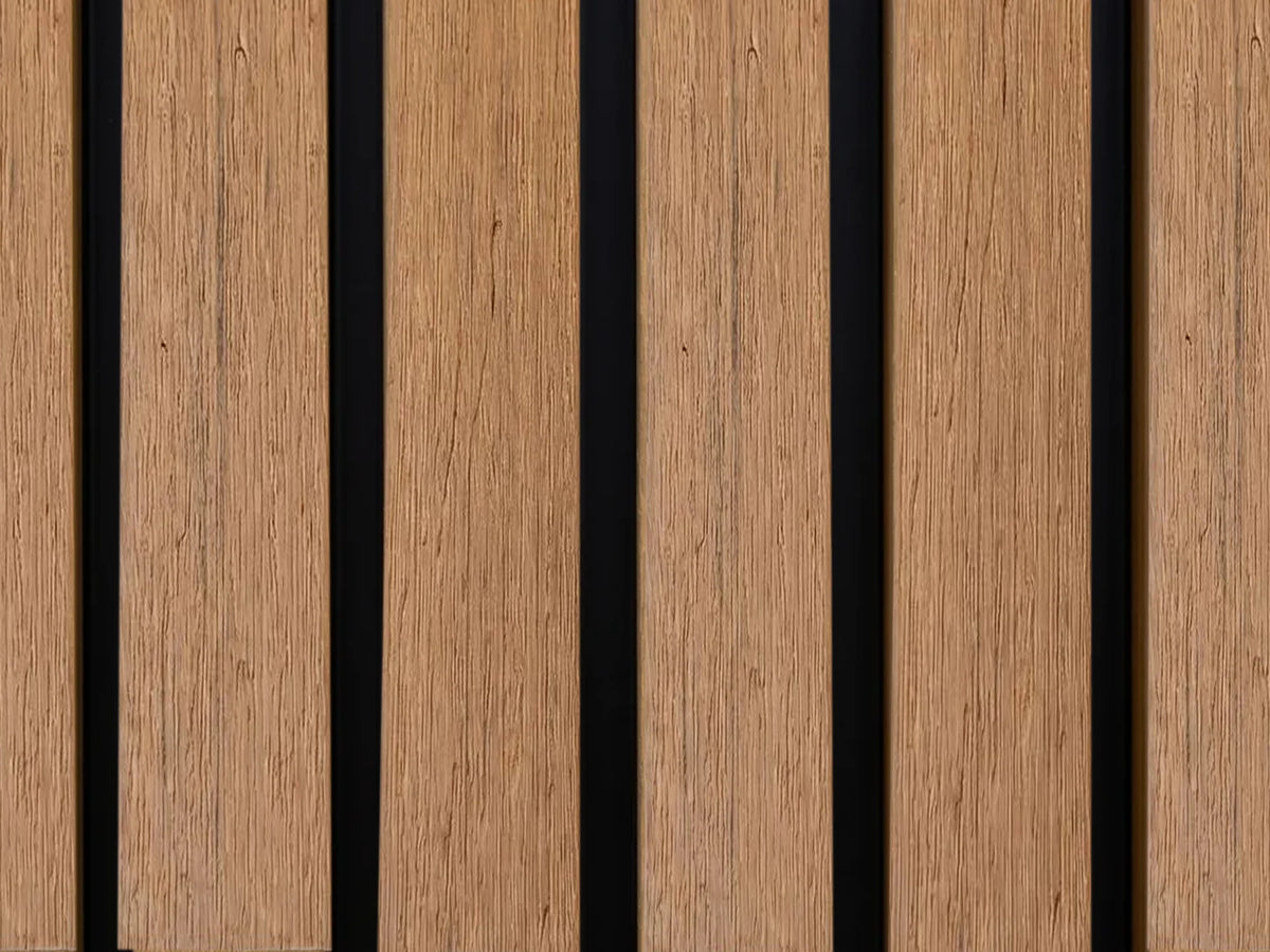 Composiet gevelbekleding in de kleur Teak/Zwart, rhombusprofiel met zwarte schaduwlijnen