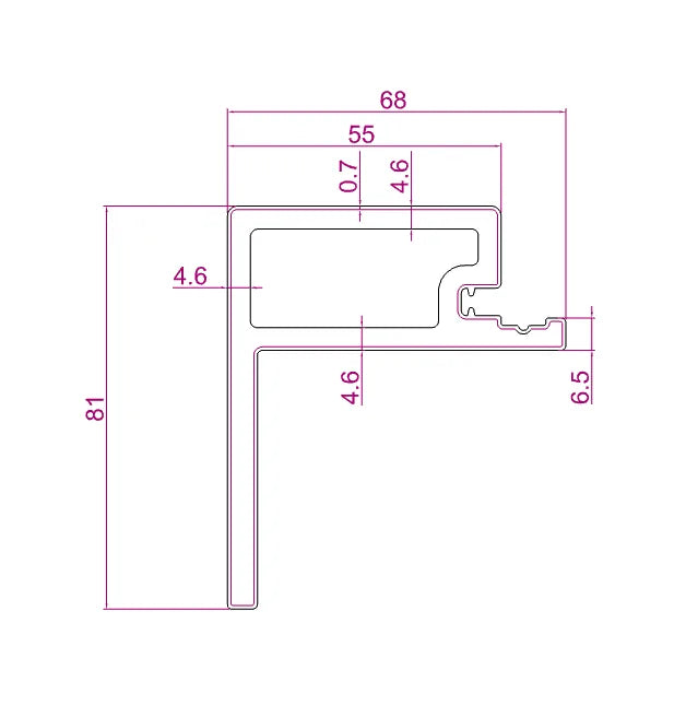 Technische doorsnede van het Compolux eindprofiel, 68 mm breed en 81 mm hoog