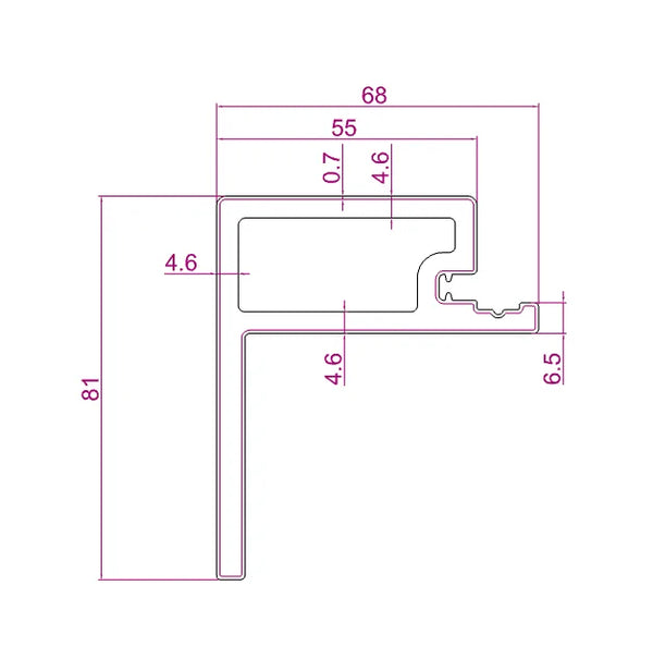 Technische doorsnede van het Compolux eindprofiel, 68 mm breed en 81 mm hoog