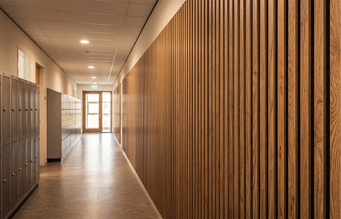 Schoolgang met houten akoestische wandpanelen langs de wand en kluisjes aan de overkant