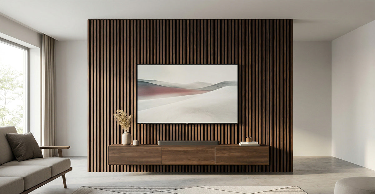 Moderne woonkamer met televisie gemonteerd op een donkere walnoten lattenwand met zwevend tv-meubel en volledig weggewerkte kabels