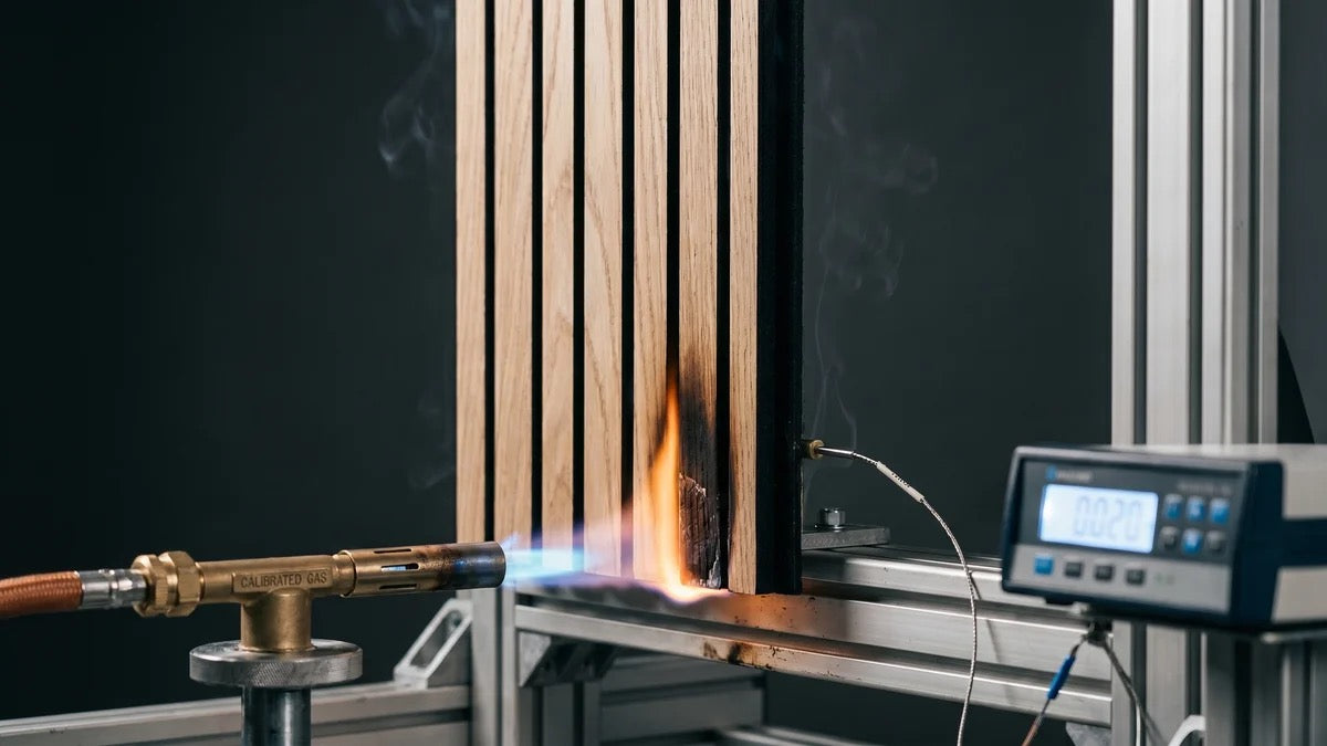 Brandtest van een akoestisch wandpaneel in het lab met gekalibreerde brander